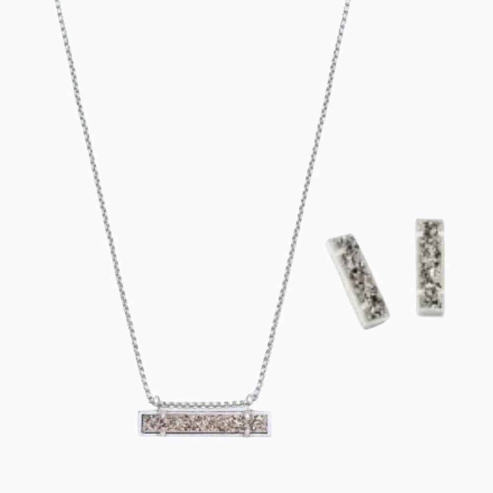 Kendra Scott LADY Stud Earrings & LEANOR Necklace | Platinum Drusy Set | Retired